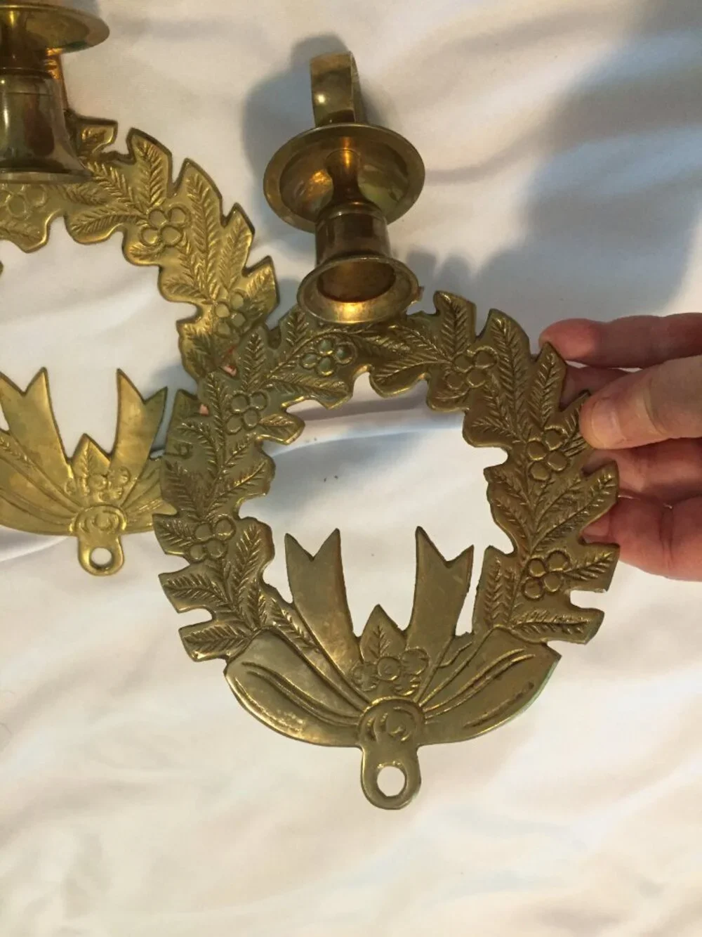 2 Vintage Hosley International Solid Brass Christmas Wreath Wall Candle Sconce